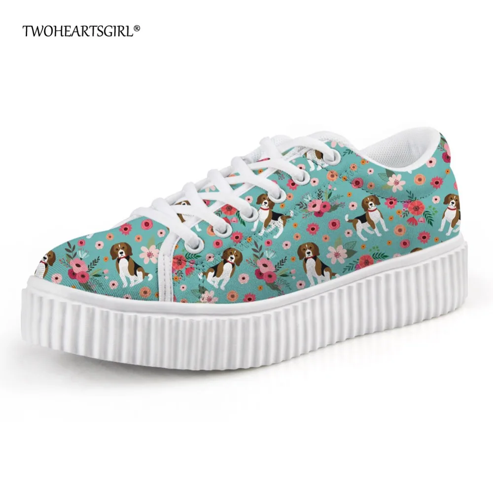 

Twoheartsgirl Women Platform Shoes Floral Beagle Printed Creepers for Women Breathable Female Ladies Flat Platform Shoes Plus