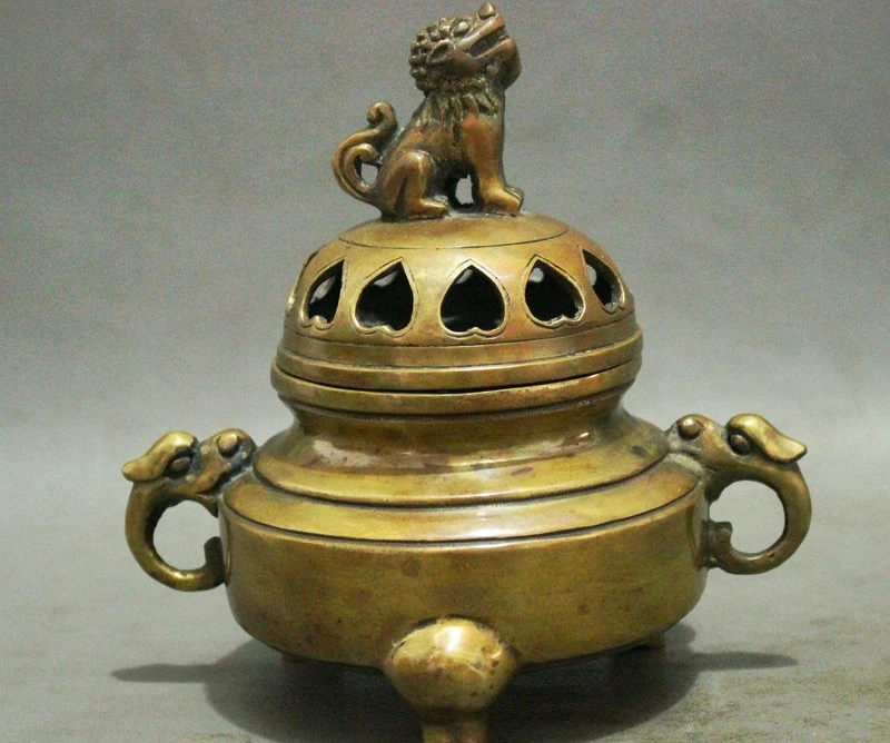 

7" China Buddhist Bronze Dragon Lion Fu Foo Dog Statue Incense Burner Censer
