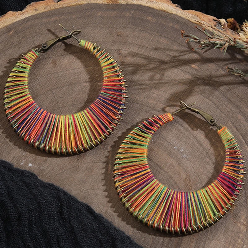 Ethnic Handmade Colorful Cotton Line Earrings for Women Jewelry Bohemian Vintage Big Round Earring Wedding female Wholesale (4)