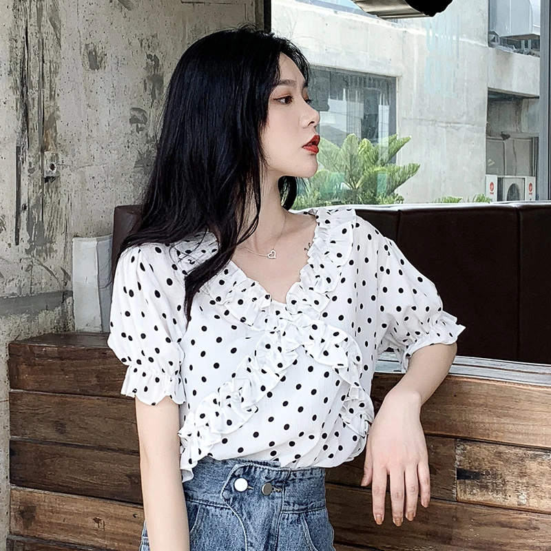 

All-match Fashion White Blouse Women Korean Style V Neck OL Chiffon Polka Dot Top Femme Vintage Loose Women's Shirt Summer S-XL