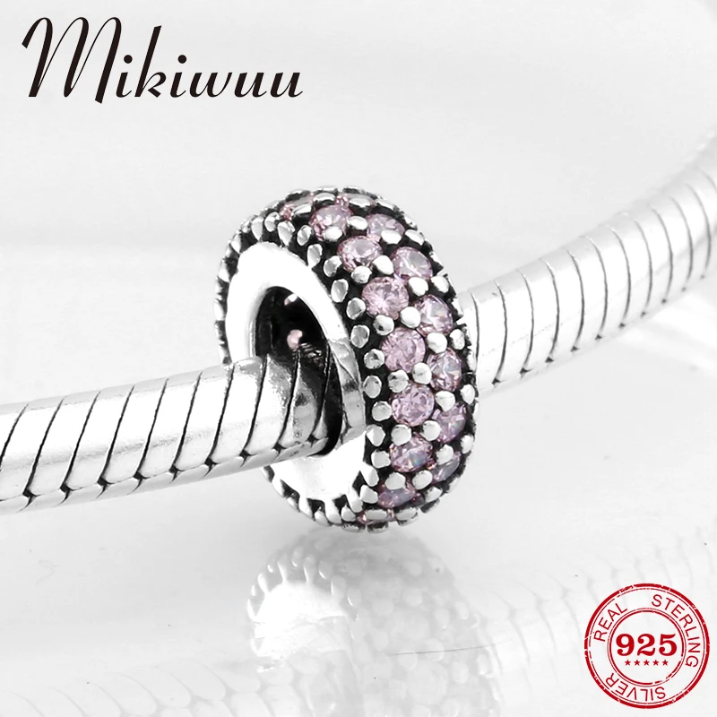 

Real 925 Sterling Silver pink CZ round DIY spacer beads Jewelry making Fit Original Pandora Charm Bracelet