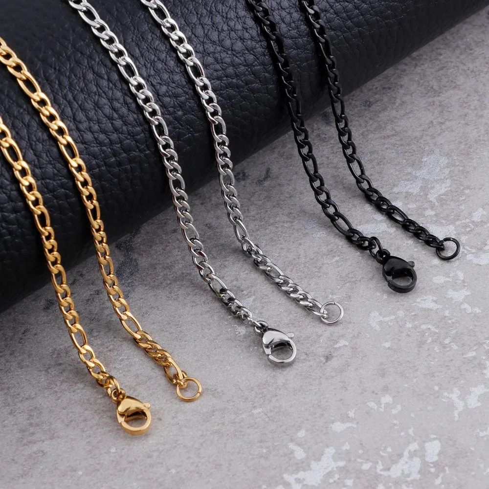 Stainless Steel Figaro Chain 3mm Width Gold/Silver/Black Trendy Necklaces Hip Hop Jewelry