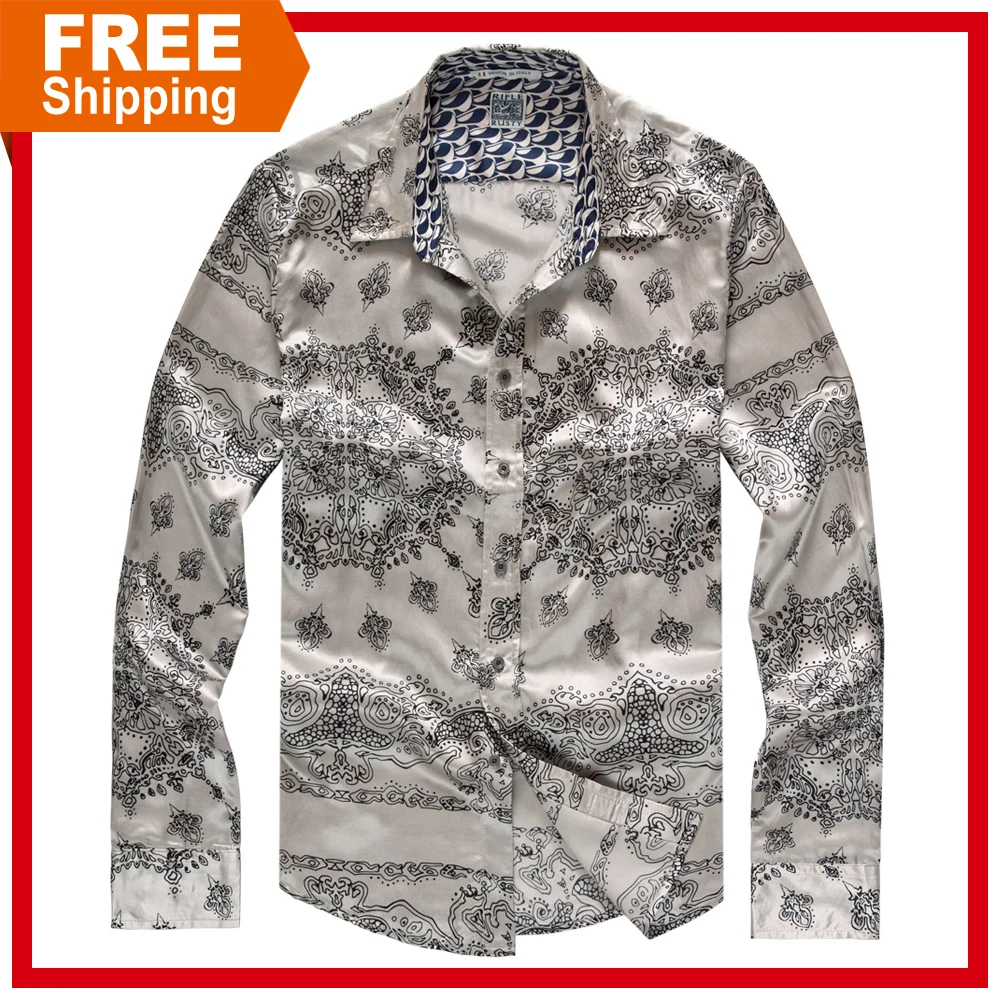 2013 autumn mulberry silk printed pure silk shirt men's personality
