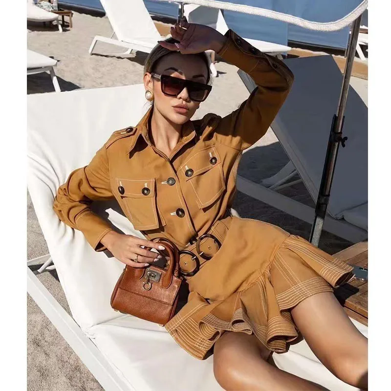 

CCCC Ruffles Mini Skirt Autumn Casual Solid Style Short Skirts Mermaid Pleated Skirt With Belt Fashion Runway Zim 2019
