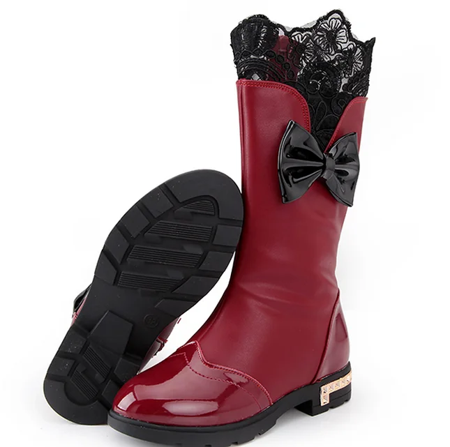 Weonedream/Модная одежда для девочек Сапоги и ботинки для девочек зимние кожаные Высокие сапоги плоская подошва красный черный, розовый бабочкой Кружево принцессы ботинки для девочек Размеры 27-37