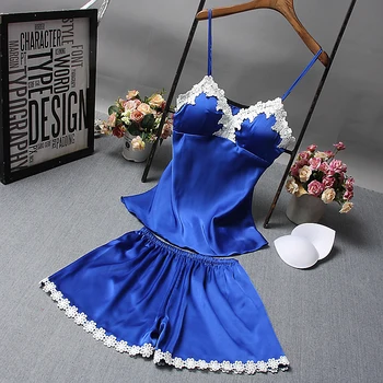 

2017 New Sexy 2PC Women Pajamas Sets Ladies' Nightdress With Knock-down Bra Pyjama Suits Sleepwear Spaghetti Strap+Short Pant