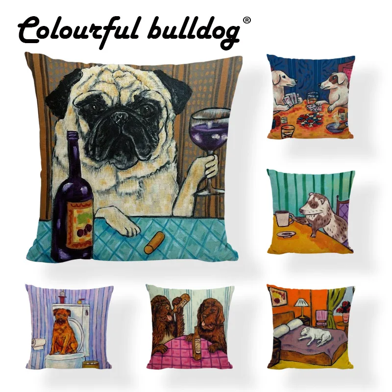 Hot New Cushion Cover Dog Pugs Printied Linen Throw Pillow New Cushion Cover Dog Pugs Printied Linen Throw Pillow Husky Bathing Animals Pillows Car Sofa Home Pillowcase Decorative