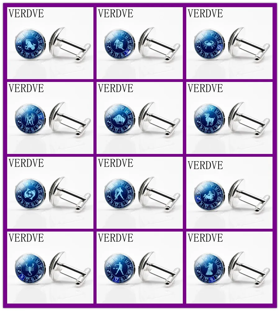 

New12 Zodiac Glass Convex Cufflinks Silver Metal Constellation Cufflinks Men's Shirts Intimate Accessories Valentine's Day Gifts