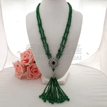 

N061202 25''-26" 2 Strands Green Necklace CZ Pave Pendant