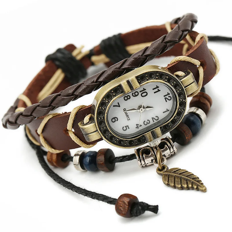 Gnova Platinum Top Genuine Leather Bracelet Watch Women Charm Leaf Butterfly Ethnic Geneva Style Urban Girl