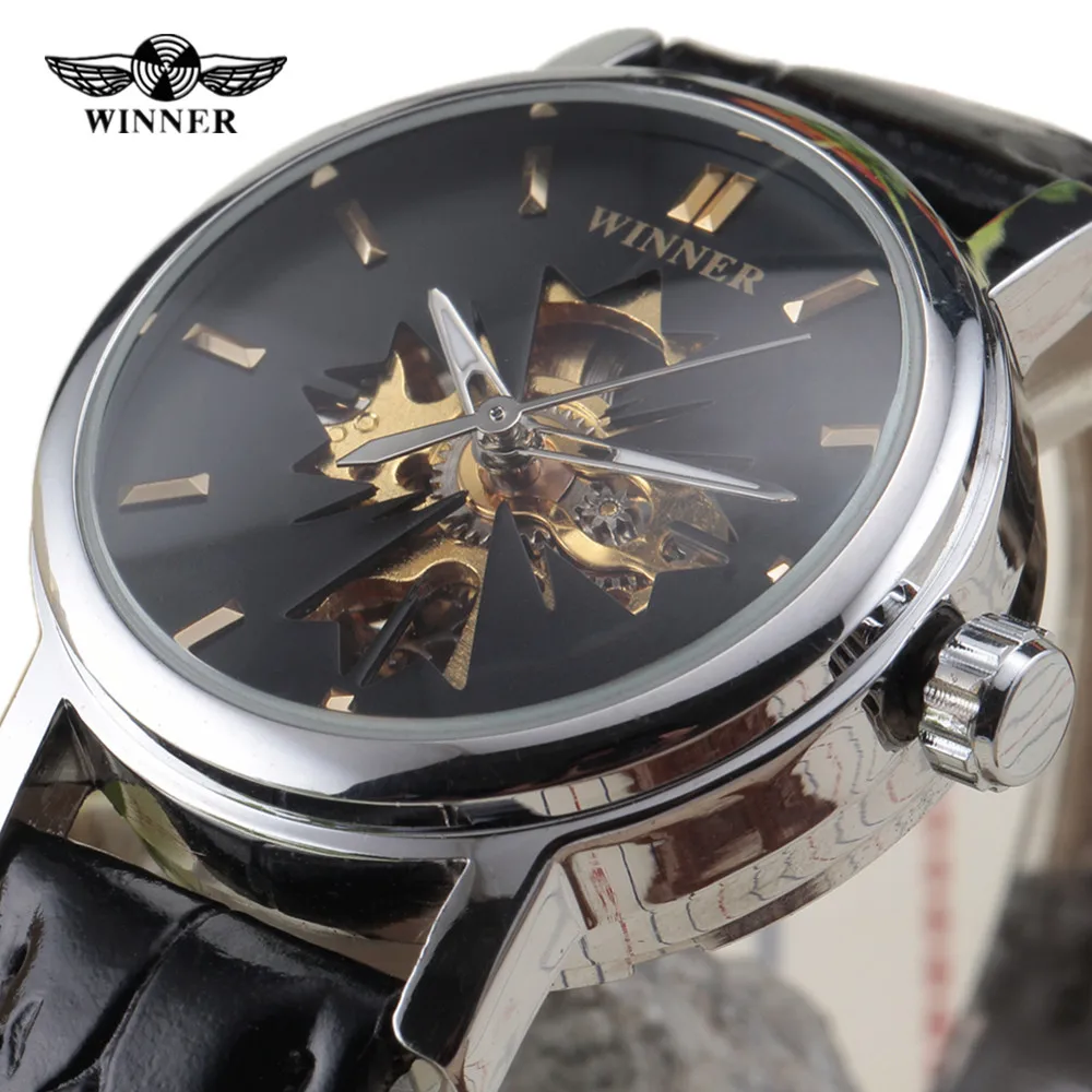 

WINNER Brand Women Watches Skeleton Mechanical Ladies Watch Black Leather Band Simple Fashion Casual Clock Relogio Femininos