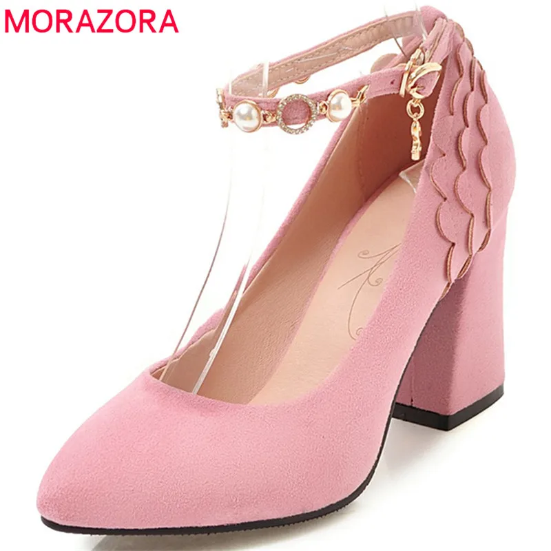 

MORAZORA 2020 new women pumps spring summer top quality flock pink wedding shoes pointed toe shallow elegant high heels shoes