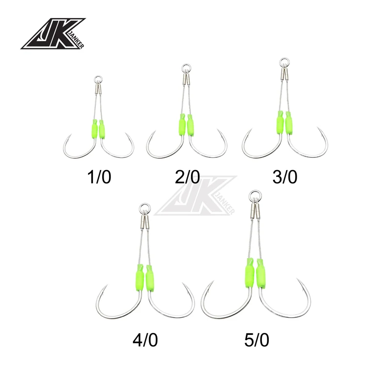 JK 5packs Sea Fishing Hook Steel Wire 7x7 Slow Jigging Size 1/0 2/0 3/0 4/0 5/0 Luminous Double Assist Hook Slow Pitch Tackle