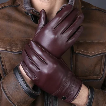 

Brand Winter Men's 100% Genuine Leather Plus Velvet Gloves Male Warm and Thick Sheepskin Fleece Gloves Outdoor Mittens Wholesale