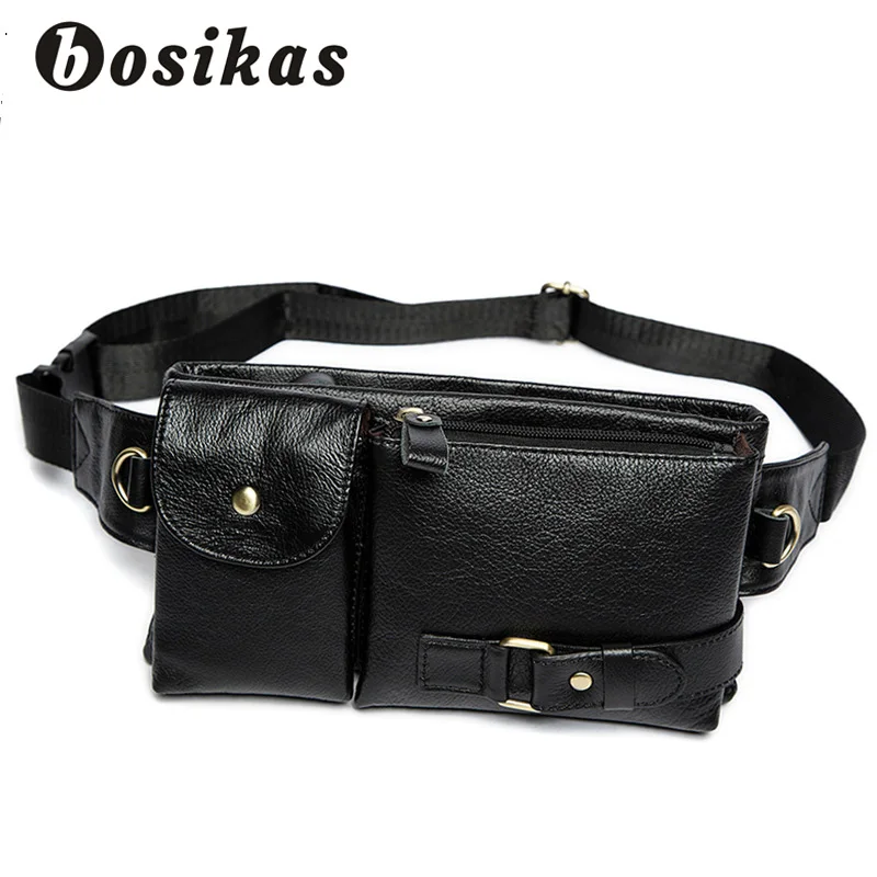 BOSIKAS الرجال الخصر حقيبة جلد أصلي للرجال أكياس غطاء إطار هاتف محمول السفر حزام نقود حقيبة جلد الخصر حزمة حزمة مراوح الخصور الحقيبة
