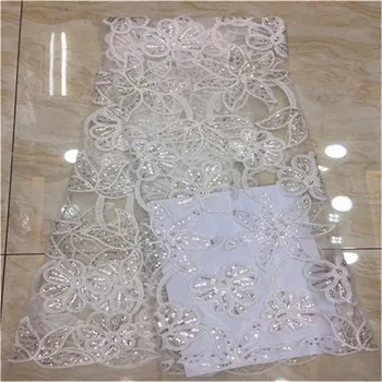 

Latest African Tull Lace Fabrics High Quality Lace beads Nigerian French Net Lace Fabric with Sequins For Women Dress white