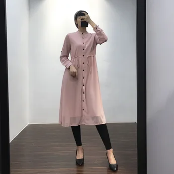 

Summer long-sleeved knee-length dress female Slim lady temperament chiffon half-length skirt Islamic buttonigan robes