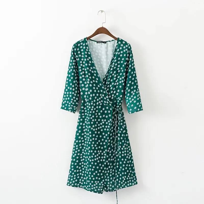 Женское летнее платье Пляжное винтажное зеленое с цветочным принтом