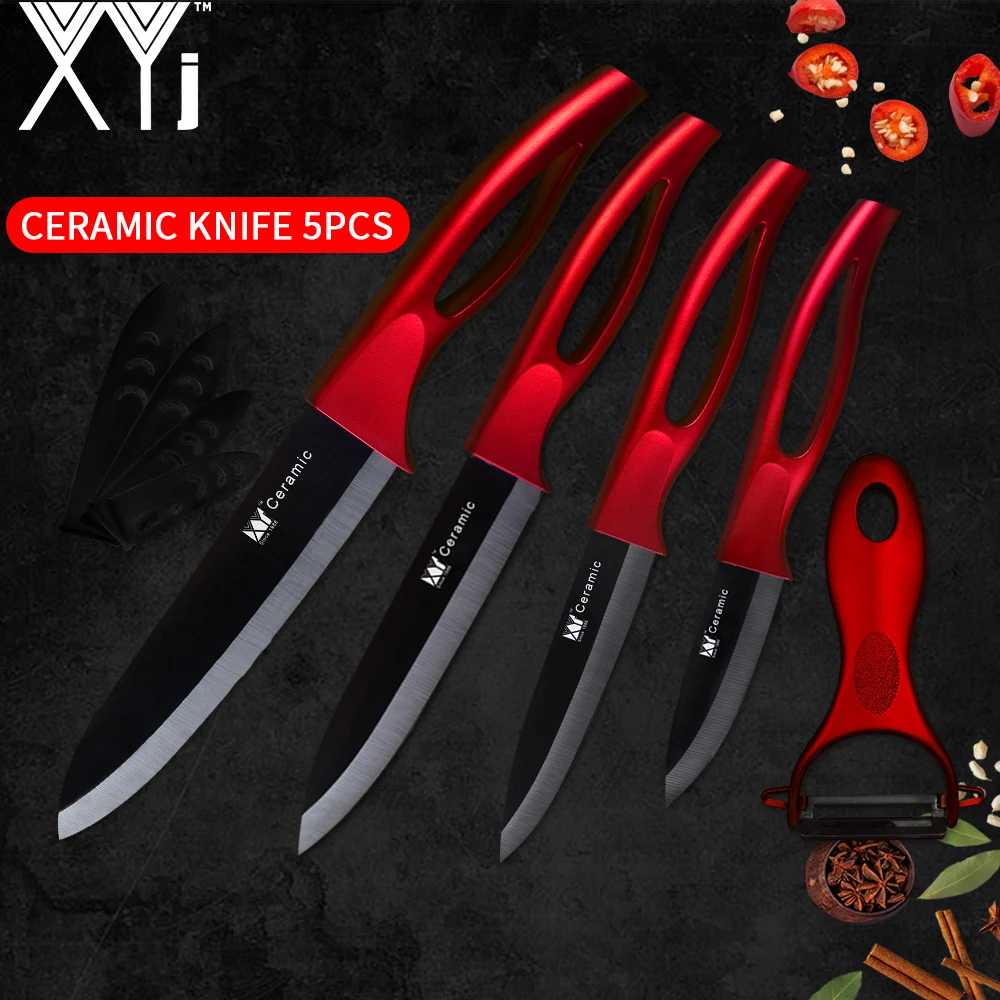 

XYj Ceramic Kitchen Knives Set Fruit Slicing Utility Chef Knife Meat Cleaver Black Blade Hollow Handle 5pcs Cooking Knife Set