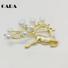 CARA New 3-color Plated Copper Christmas deer brooch women fashion pearl & CZ stones brooch pins christmas jewelry gift CARA0242