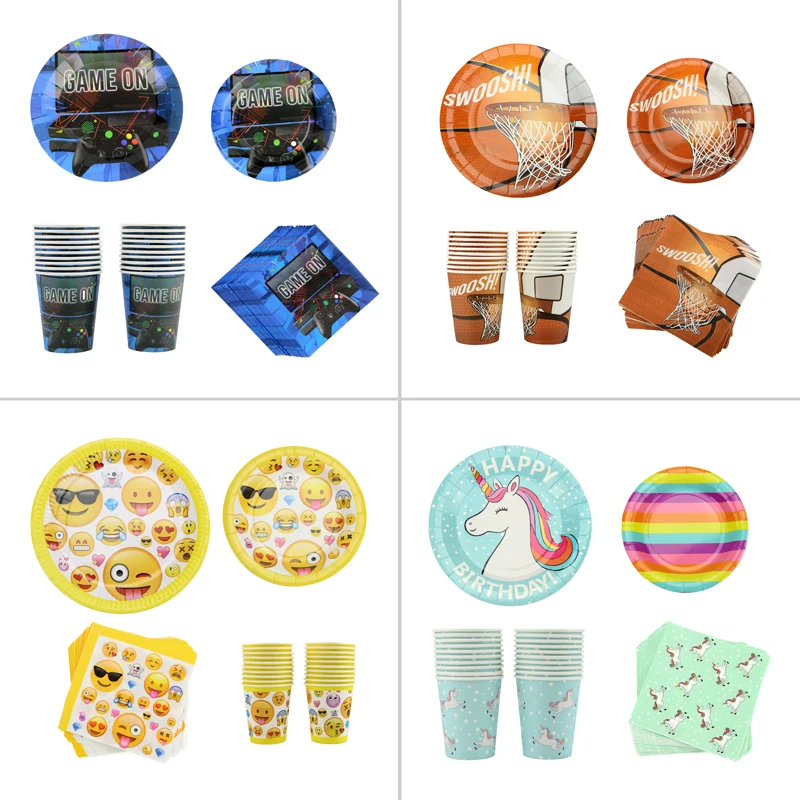 

20 Guests Pack Rainbow Unicorn Basketball Game themed Kids Birthday Party Decorations, Disposable Emoji Party Supplies with 80pc