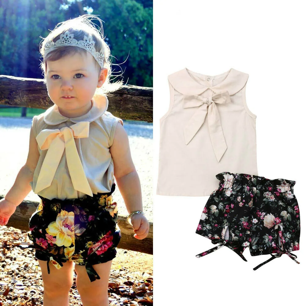 

2019 Newest Hot Newborn Infant Kids Toddler Girls Summer Clothes Sleeveless Bow Tank Tops+Floral Shorts 2PCS Outfits Summer Set
