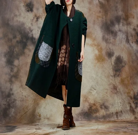 Женская осенняя и зимняя Оригинальная дизайнерская Брендовая верхняя одежда большого размера плюс шерстяное пальто в клетку - Цвет: Green