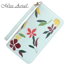 

MISS ARIAL FLOWER EMBROIDERY WALLET WOMEN LONG PURSE PHONE BAG BLUE COIN POCKET PU LEATHER CARD HOLDER 2018 NEW WRISTLET