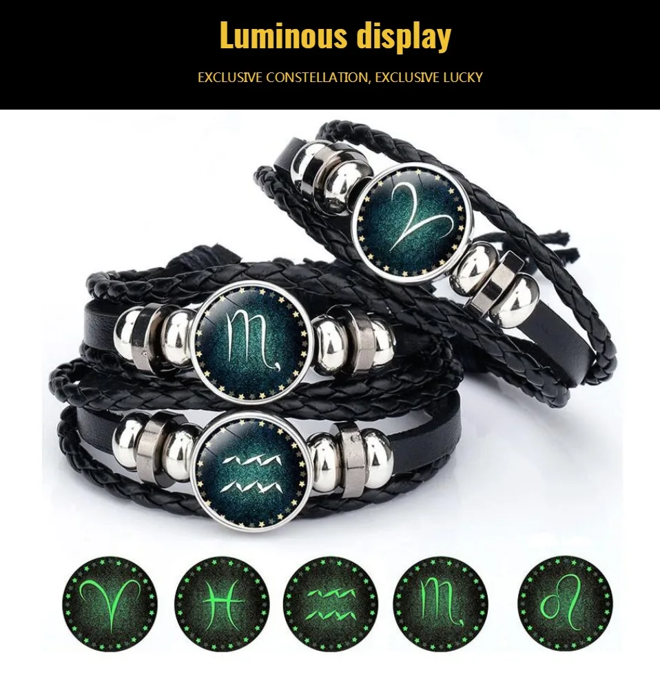

2019 Fashion Punk 12 constellation Luminous crystal leather bracelet Women lady boys men polished stone charm bracelet gifts
