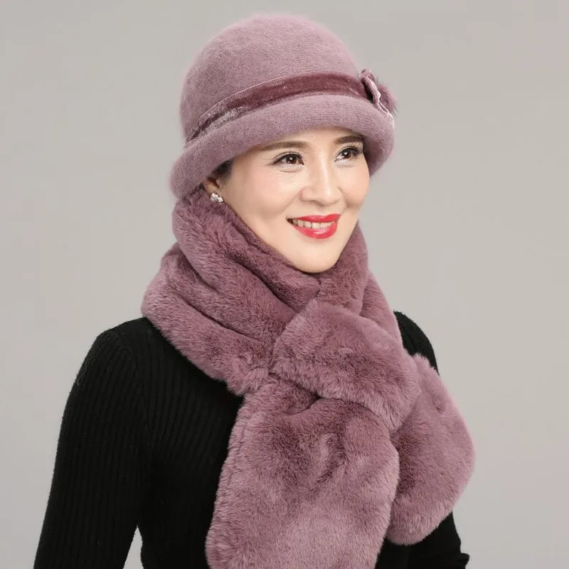 Women Winter Knitted Wool Basin Hat Female Thickened Warm Fisherman Cap Lady Velvet Elegant Scarf for Middle-aged Mother H7158