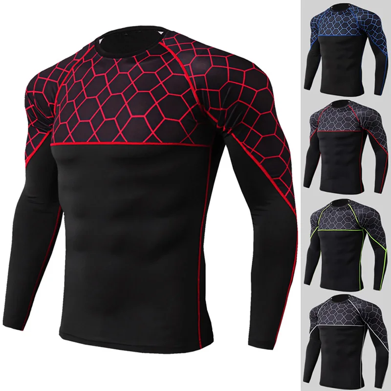 

Running Training Suit Stretch Quick-Drying Tight Sportswear Men's T-Shirt Fitness Printing Stitching Long-Sleeved Sports