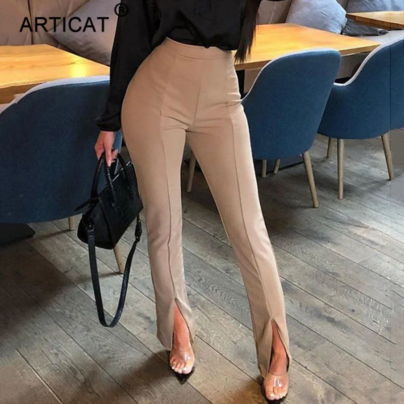 Articat летние повседневные брюки с высокой талией женские раздельные брюки клеш с эластичным поясом женские черные однотонные сексуальные обтягивающие брюки уличная одежда