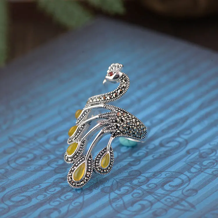 FNJ 925 Серебряное кольцо с павлином, тон, S925 Стерлинговое тайское серебро, кольца для женщин и мужчин, ювелирное изделие, регулируемый размер - Цвет основного камня: chalcedony ring D