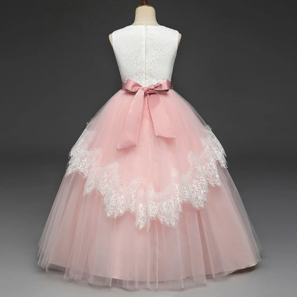 Детское платье для девочек, милый кружевной костюм принцессы без рукавов с галстуком-бабочкой и поясом, вечерние платья для выступлений, M09