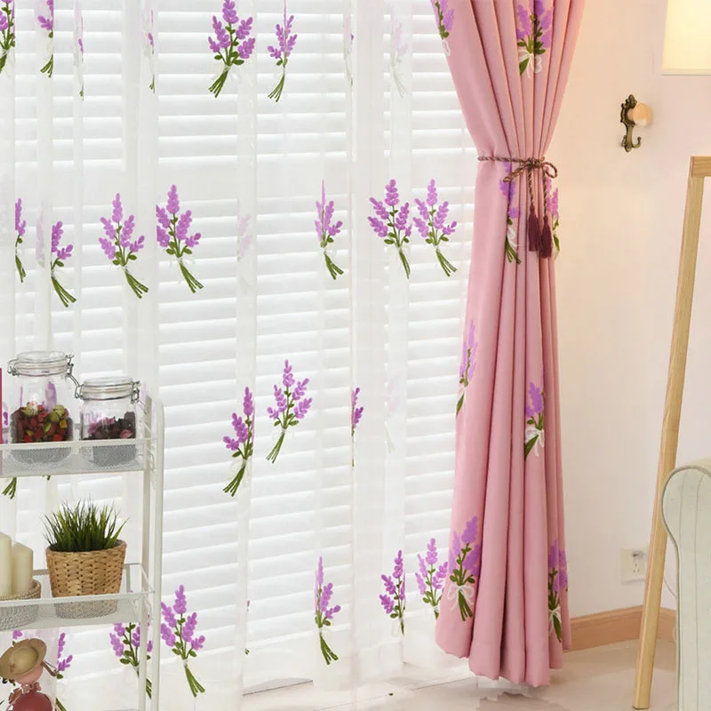 Simple White Lavender Embroidered Tulle Embroidered Voile Curtains