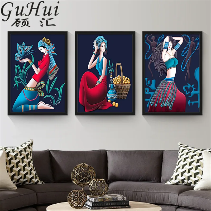 

Chinese ethnic batiks art women figure wall picture vintage modern living room sofa bedroom combination canvas painting