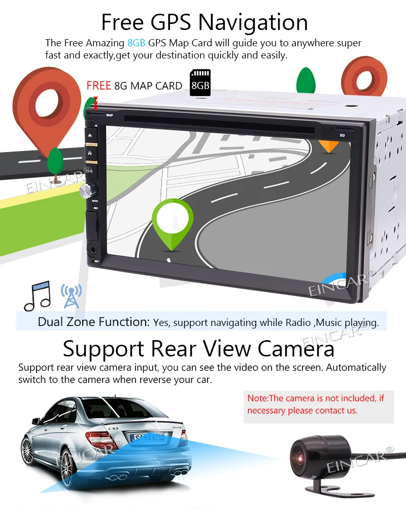 Eincar резервного копирования камеры 7 ''Двойной Дин GPS навигация в тире dvd плеер