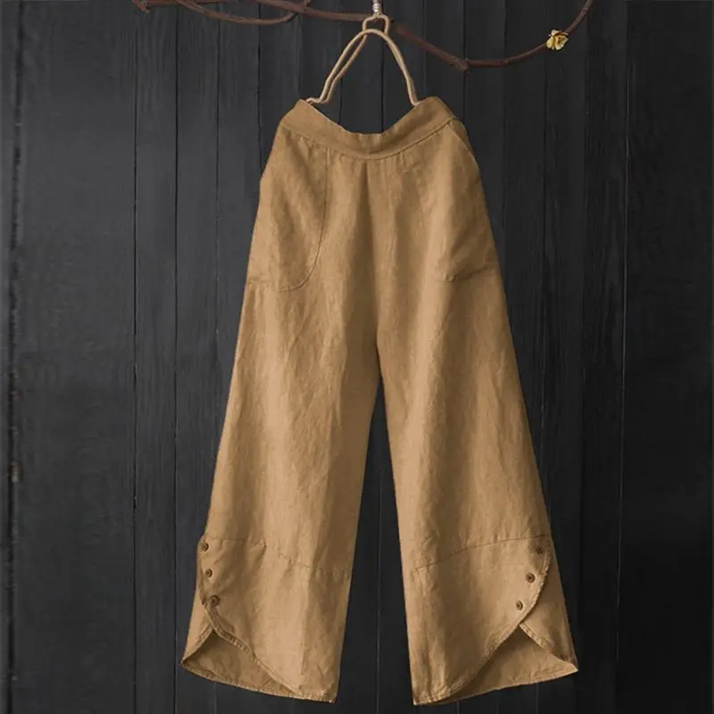 

2019 Vintage Women Elastic Waist Wide Leg Pants Autumn Long Trousers Female Pockets Solid Cotton Linen Harem Pant Retro Pantalon