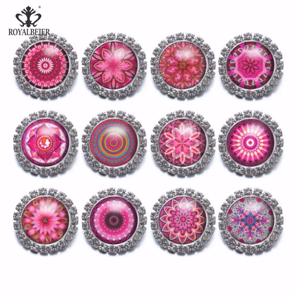 12pcs 18mm Snap Button Rhinestone Charms Bracelet Pink Exotic Kaleidoscope Flower Theme For 20mm Jewelry KZ0920e | Украшения и