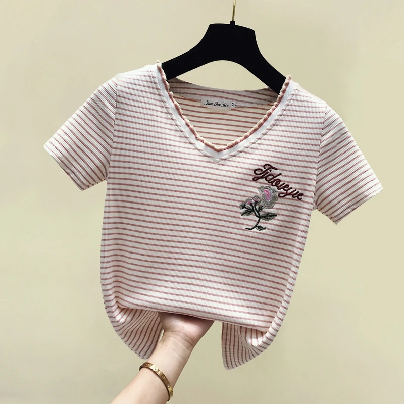

gkfnmt 2019 Summer Cotton Striped Embroidery V-Neck Tshirts Short Sleeve Casual T-Shirt Women Slim Tee Shirt Femme