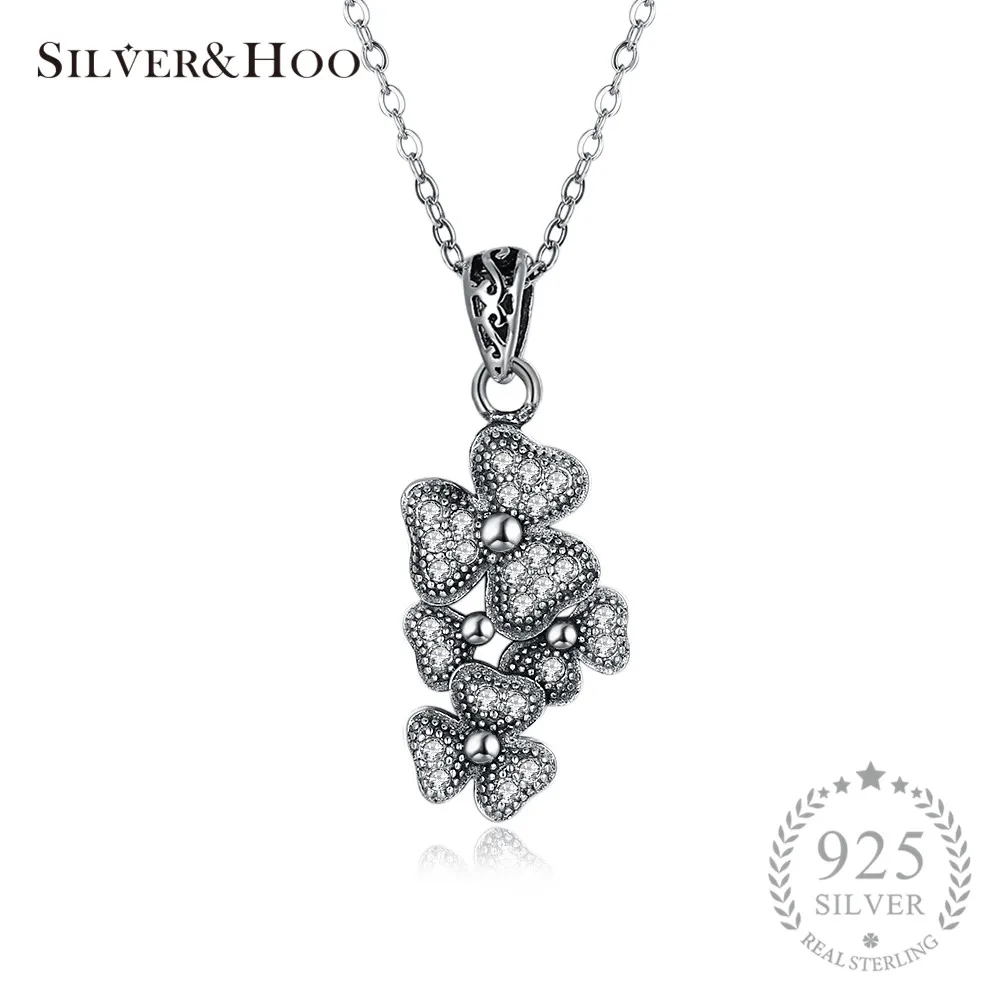 

SILVERHOO 925 Sterling Silver Shimmering Flower Pendant Necklace Vintage Clear CZ Necklaces & Pendants for Women Fine Jewelry