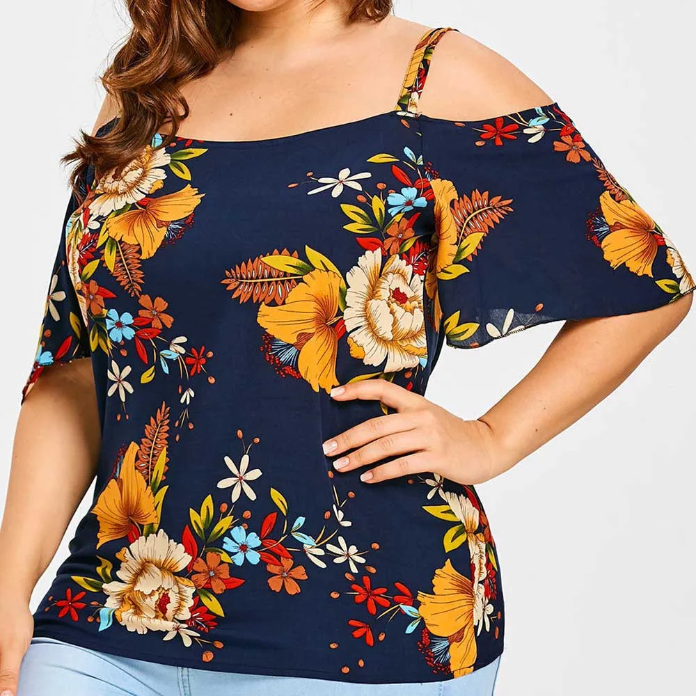 

Summer Fashion Large Size Women's Vintage Printed Shoulders With Short-sleeved Shirt Weekend Casual Tshirt Plus Size 5XL
