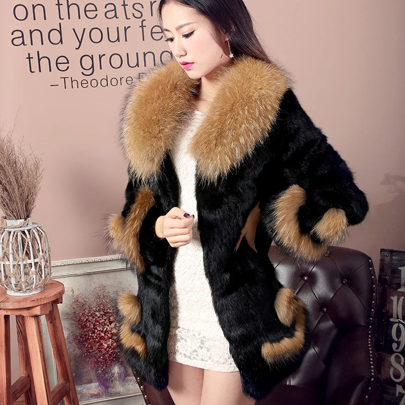 Lapin Femmes Manteaux Cheveux Hiver Black D'hiver 6xl La Veste Fourrure Long Raton Manteau Dames Élégant Vestes De Plus Laveur Épais Taille 8Fnr1H8