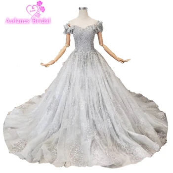 شراء2019 العربية الترتر الدانتيل الفاخرة فساتين لحضور الحفلات الموسيقية فساتين سهرة طويلة Vestido De Noiva رمادي مطرز الدانتيل تول حفلة موسيقية فستان