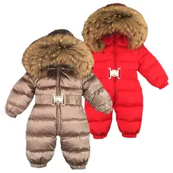 Теплая верхняя одежда для мальчиков с капюшоном и большим меховым воротником для русской зимы, комбинезон, детская одежда, парка, зимняя