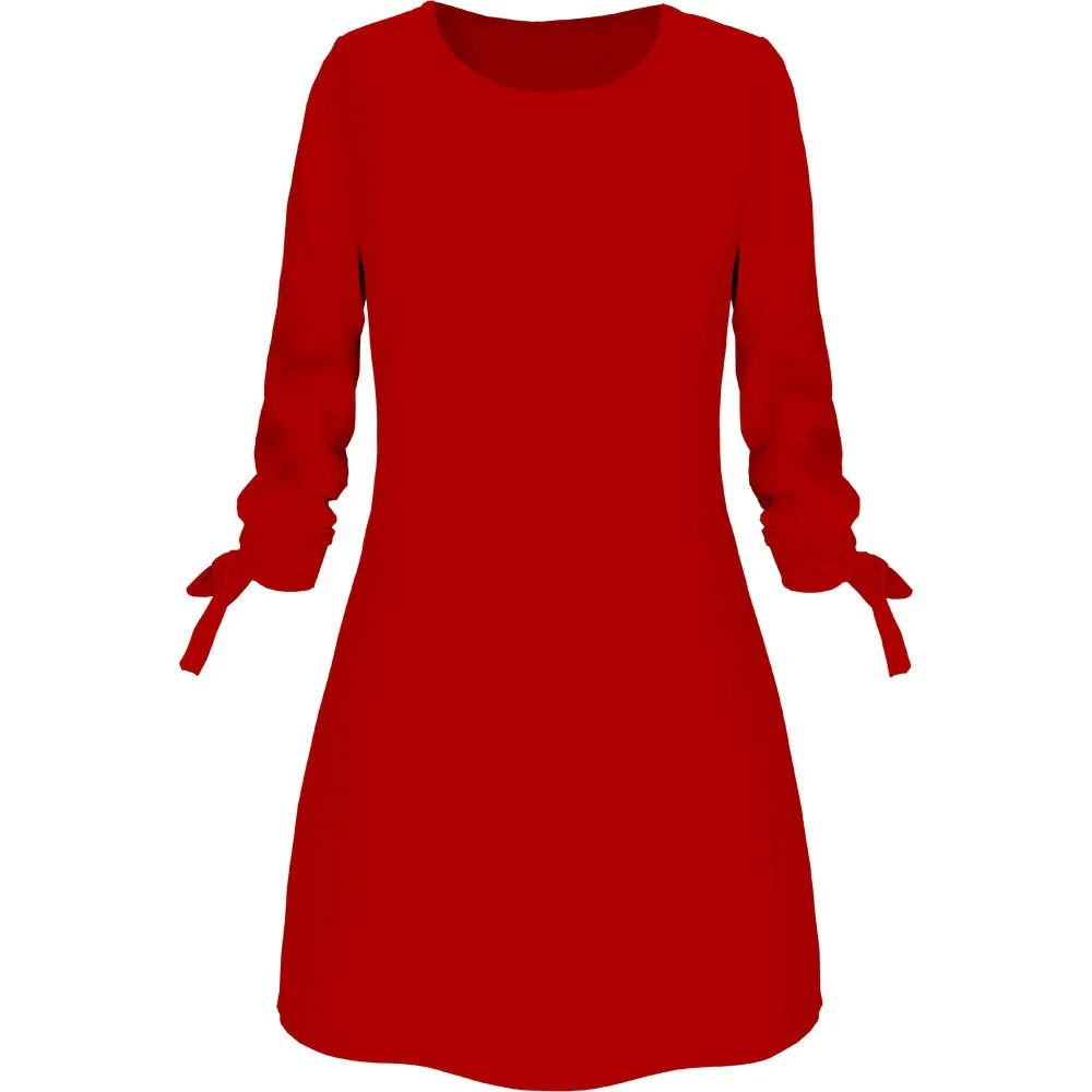 

2019 Spring Autumn Women Dress Solid Color Yellow Long Sleeve O-Neck Three Quarter Sleeve Lacing Dress Female Clothes Dresses B