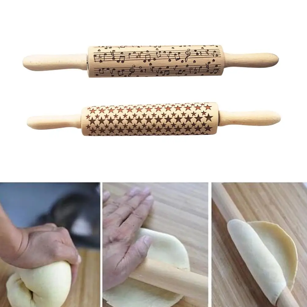 Musical Note Star Emboss Wooden Rolling Pin Dough Roller Cookies Baking Tool | Дом и сад