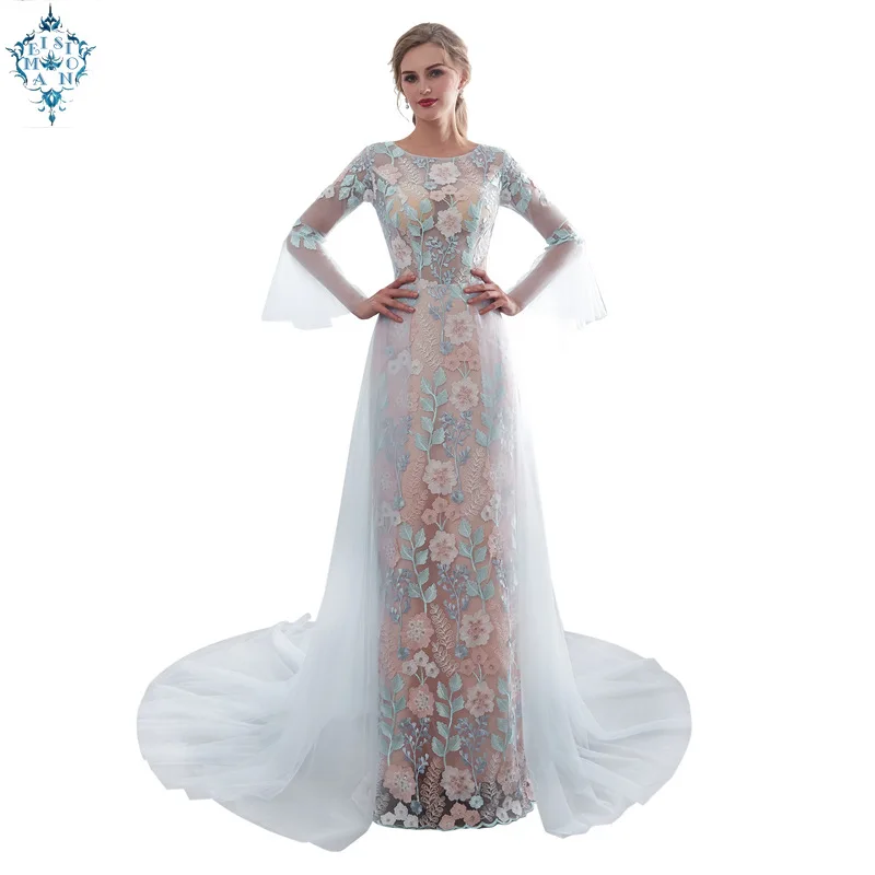 

Ameision 2019 New Arrival Formal Dress Women Elegant Long Sleeves Floral Fabric Tulle Train Fashion Long Dress Evening Gowns