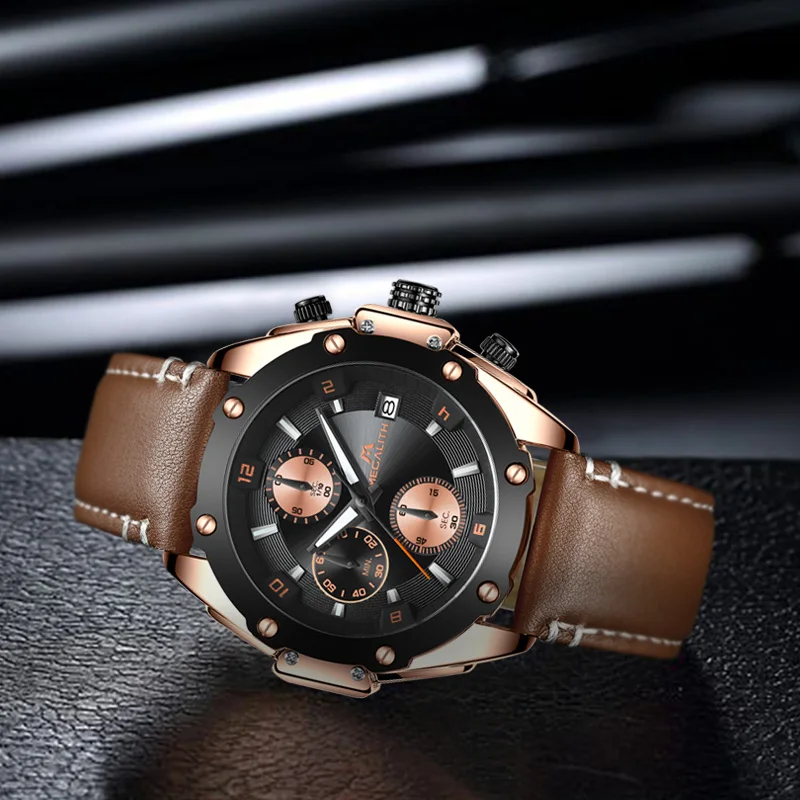 MEGALITH Модные Роскошные водонепроницаемые мужские часы спортивные аналоговый хронограф дат кварцевые часы мужские коричневые с кожаным ремешком наручные часы