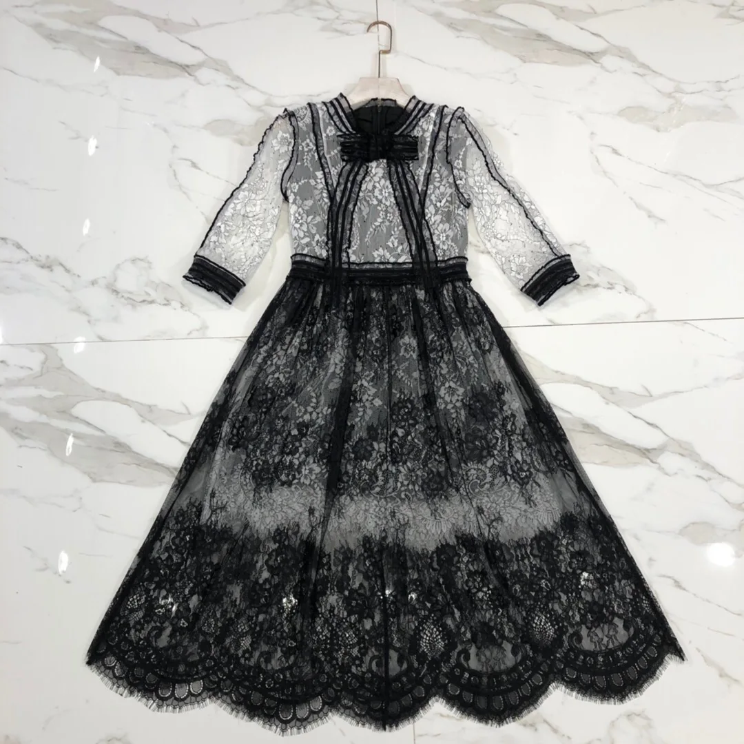 

2019 New Sexy Stitching Lace Openwork Bow Tie DressesWomen'S Free Shipping